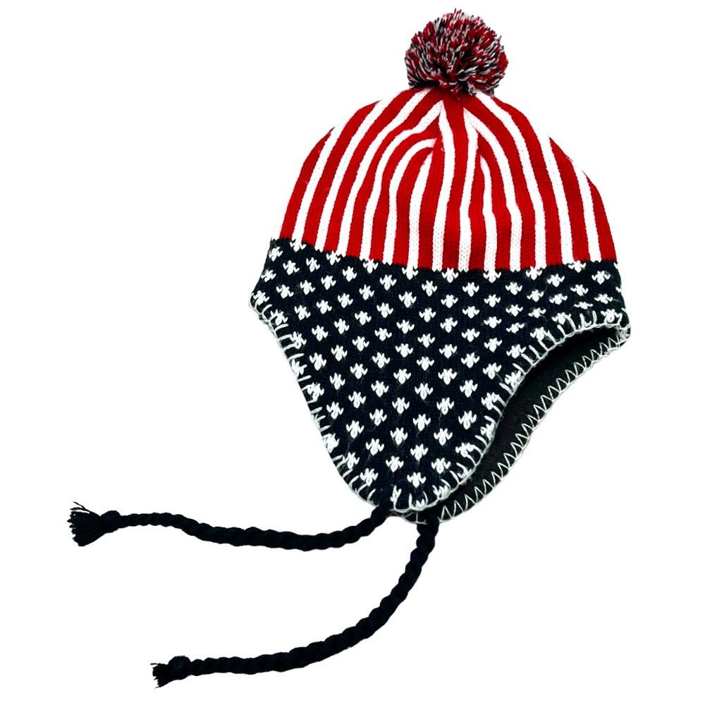 AMERICANA PATRIOTIC STARS & STRIPES KNIT BEANIE POM CAP WITH EAR FLAPS